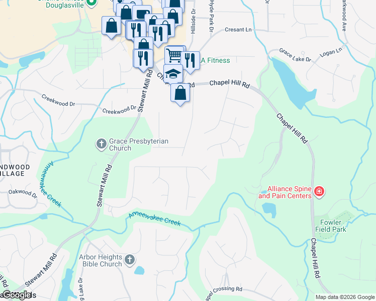 map of restaurants, bars, coffee shops, grocery stores, and more near 3180 South Elizabeth Drive in Douglasville