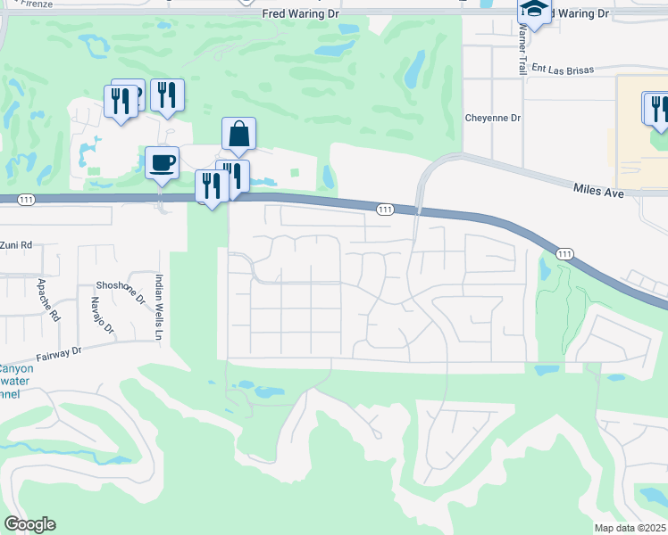 map of restaurants, bars, coffee shops, grocery stores, and more near 45555 Pueblo Road in Indian Wells