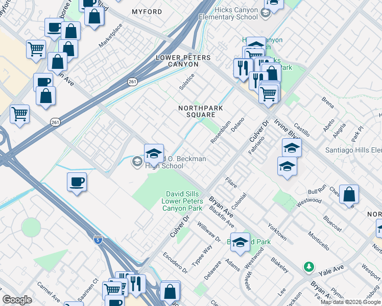 map of restaurants, bars, coffee shops, grocery stores, and more near 1 Leucadia in Irvine