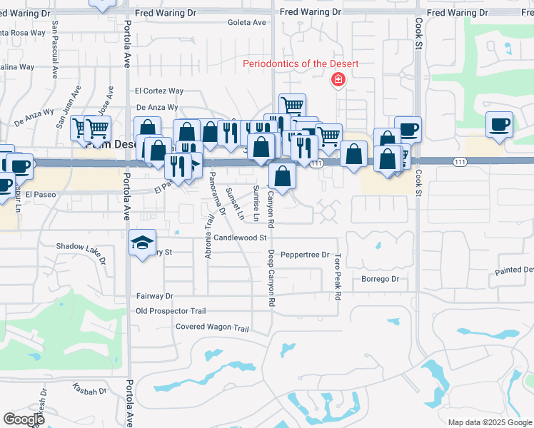 map of restaurants, bars, coffee shops, grocery stores, and more near 45451 Deep Canyon Road in Palm Desert