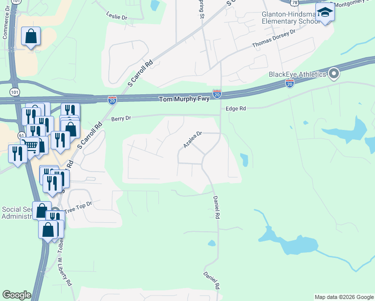 map of restaurants, bars, coffee shops, grocery stores, and more near 133 Azalea Drive in Villa Rica