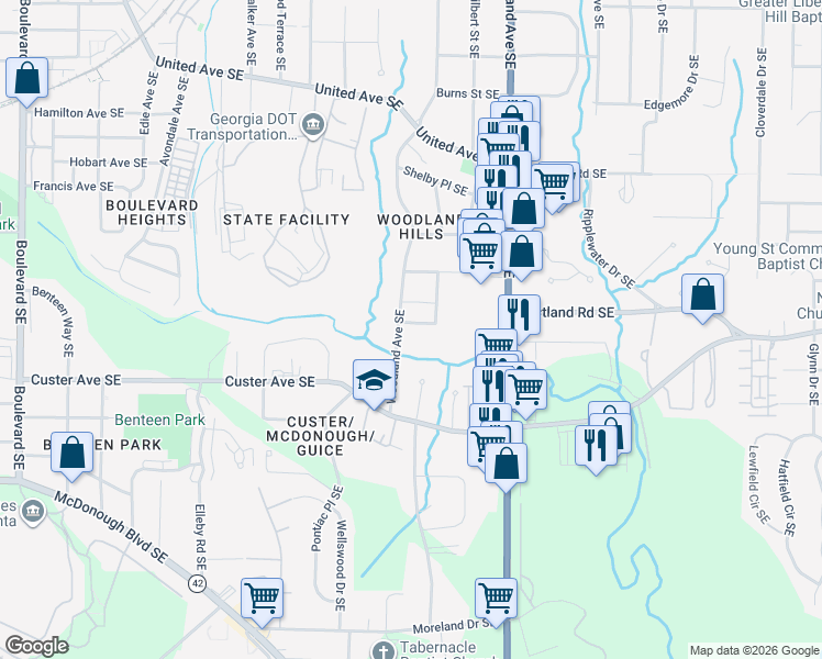 map of restaurants, bars, coffee shops, grocery stores, and more near 1091 Napier Street Southeast in Atlanta