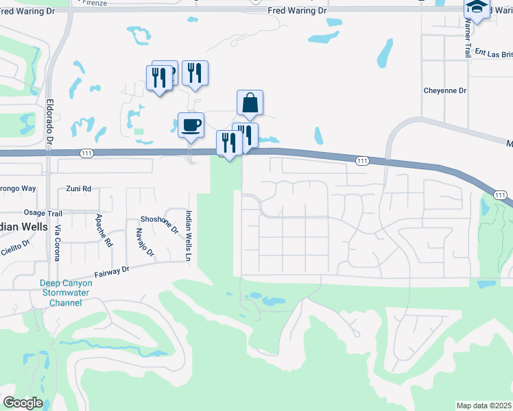 map of restaurants, bars, coffee shops, grocery stores, and more near 76705 Sandpiper Drive in Indian Wells
