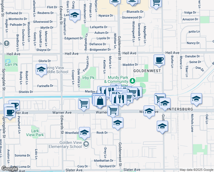 map of restaurants, bars, coffee shops, grocery stores, and more near 16781 Marie Lane in Huntington Beach