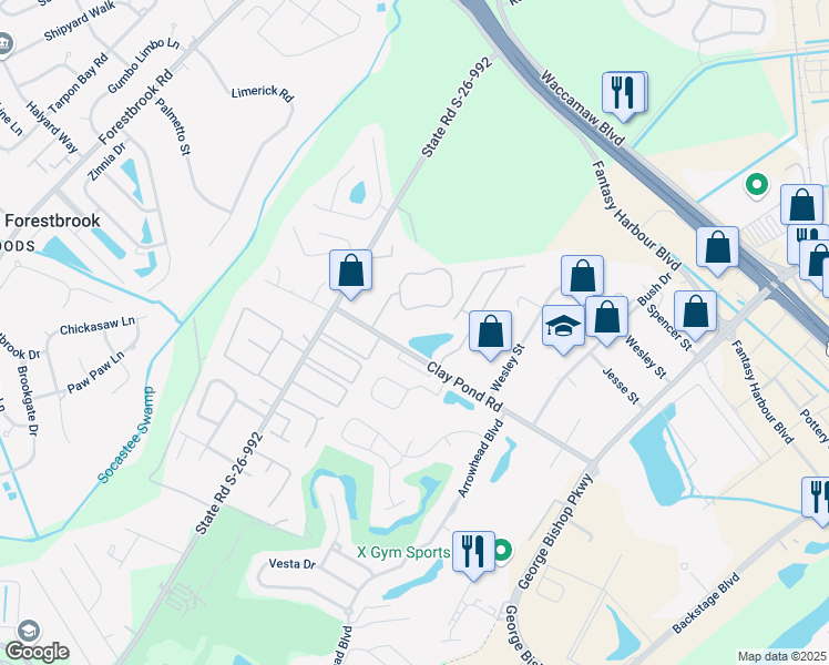 map of restaurants, bars, coffee shops, grocery stores, and more near 110 Fountain Pointe Lane in Myrtle Beach