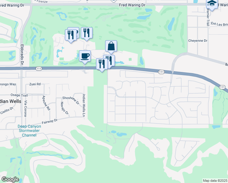 map of restaurants, bars, coffee shops, grocery stores, and more near 76670 Blue Jay Lane in Indian Wells