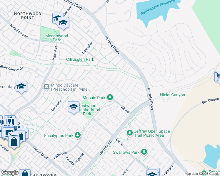 map of restaurants, bars, coffee shops, grocery stores, and more near 126 Paxton in Irvine
