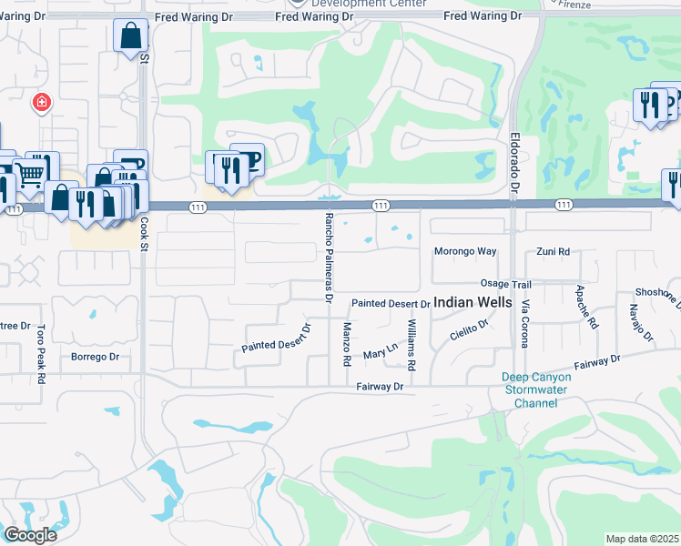 map of restaurants, bars, coffee shops, grocery stores, and more near 75496 Palm Shadow Drive in Indian Wells
