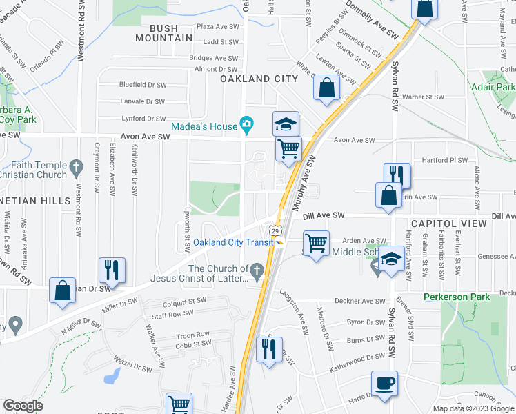 map of restaurants, bars, coffee shops, grocery stores, and more near 1328 Brewster Street Southwest in Atlanta