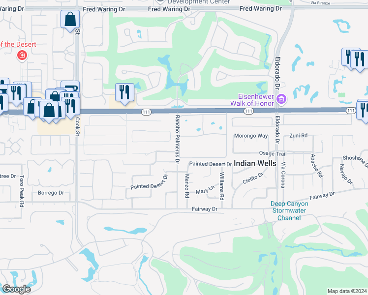 map of restaurants, bars, coffee shops, grocery stores, and more near 45324 Avenue Codorniz in Indian Wells