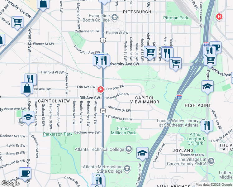 map of restaurants, bars, coffee shops, grocery stores, and more near 575 Manford Road Southwest in Atlanta