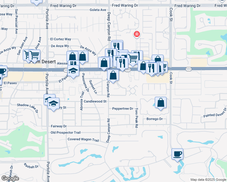 map of restaurants, bars, coffee shops, grocery stores, and more near 74533 Sagebrush Drive in Palm Desert