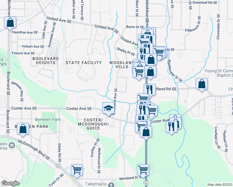 map of restaurants, bars, coffee shops, grocery stores, and more near 1081 Napier Street Southeast in Atlanta