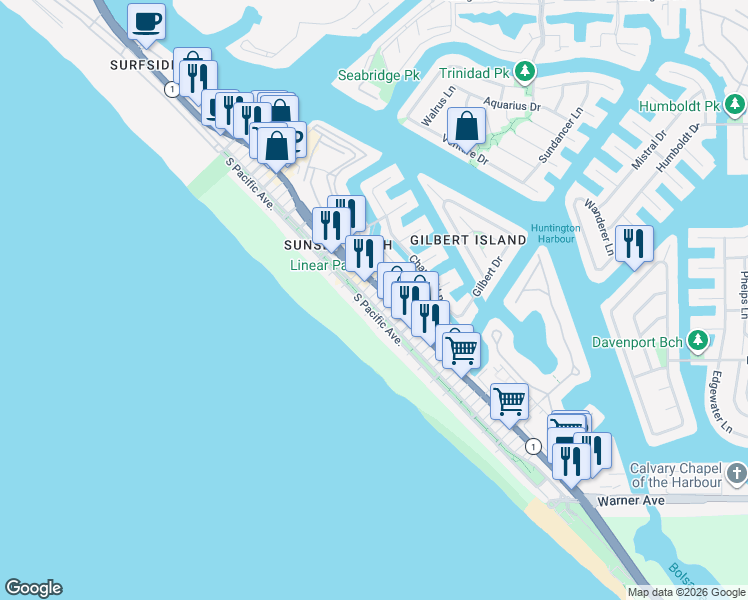 map of restaurants, bars, coffee shops, grocery stores, and more near 16775 15th Street in Huntington Beach