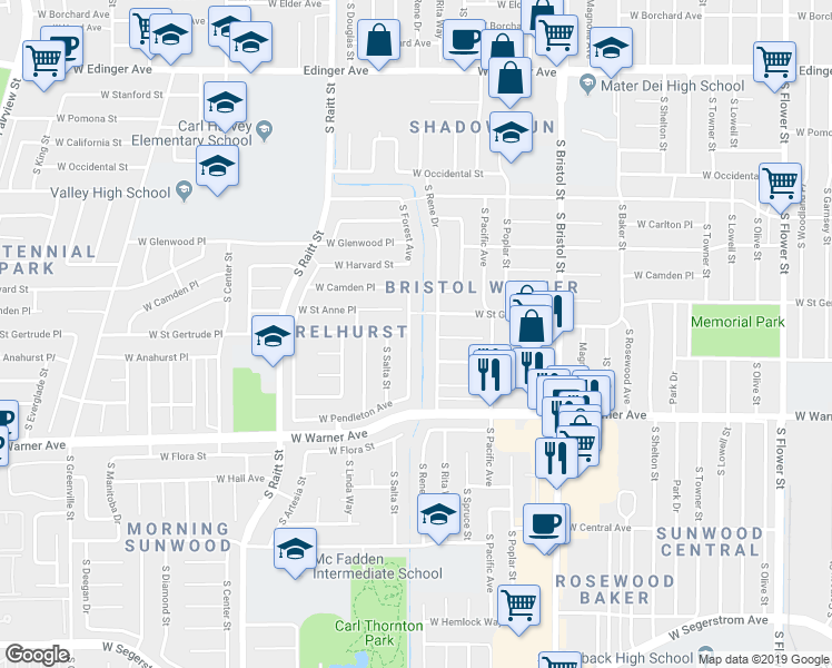 map of restaurants, bars, coffee shops, grocery stores, and more near 2113 South Forest Avenue in Santa Ana
