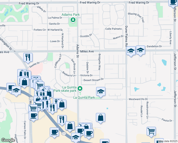 map of restaurants, bars, coffee shops, grocery stores, and more near 45260 Debbie Drive in La Quinta