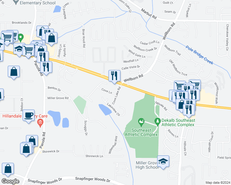 map of restaurants, bars, coffee shops, grocery stores, and more near 5744 Cove Lane in Lithonia