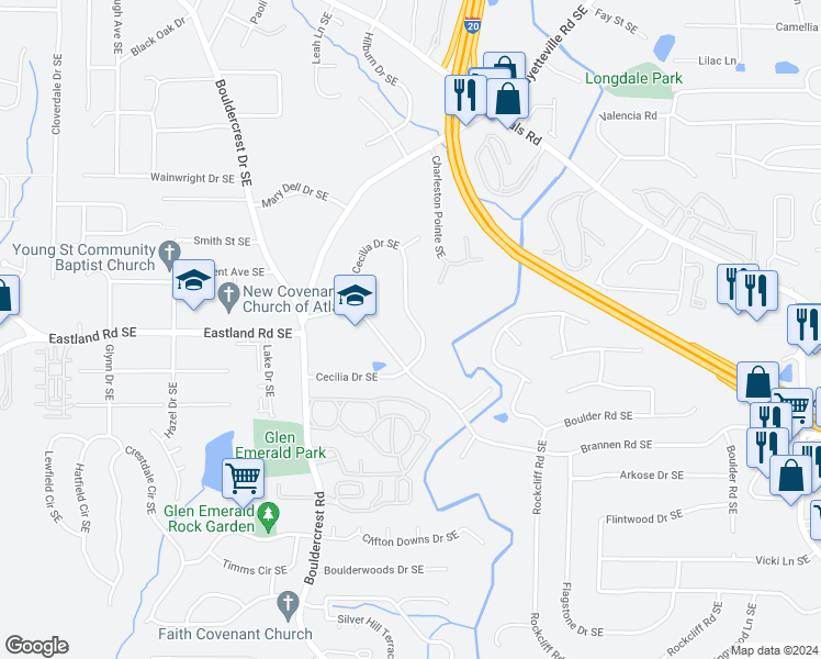 map of restaurants, bars, coffee shops, grocery stores, and more near 1642 Cecilia Drive Southeast in Atlanta