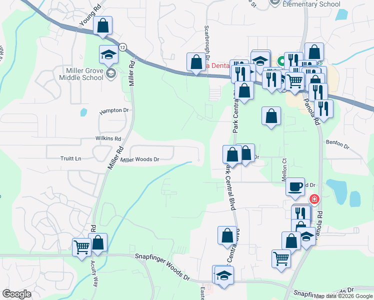 map of restaurants, bars, coffee shops, grocery stores, and more near 5187 Miller Woods Trail in Decatur