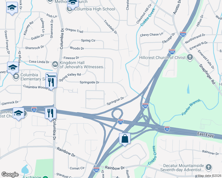 map of restaurants, bars, coffee shops, grocery stores, and more near 2363 Springrun Court in Decatur
