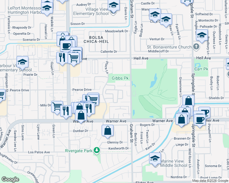 map of restaurants, bars, coffee shops, grocery stores, and more near 5386 Rosecrest Drive in Huntington Beach