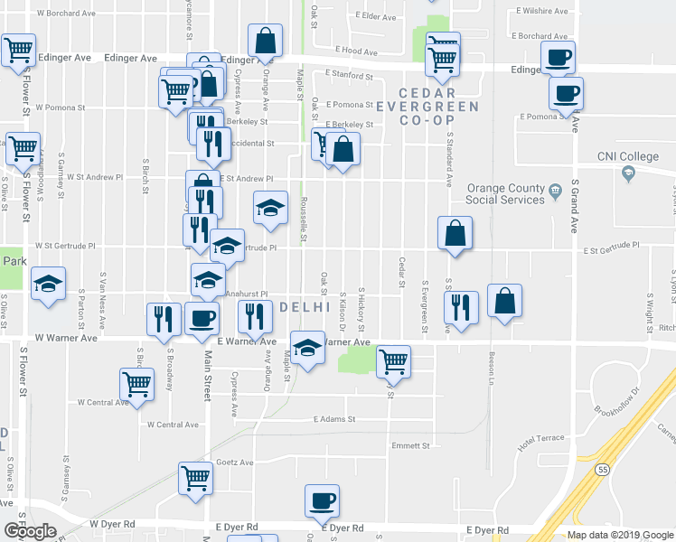 map of restaurants, bars, coffee shops, grocery stores, and more near 2124 South Kilson Drive in Santa Ana