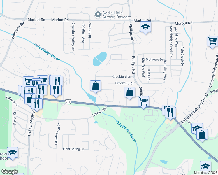 map of restaurants, bars, coffee shops, grocery stores, and more near 2288 Wellington Circle in Lithonia