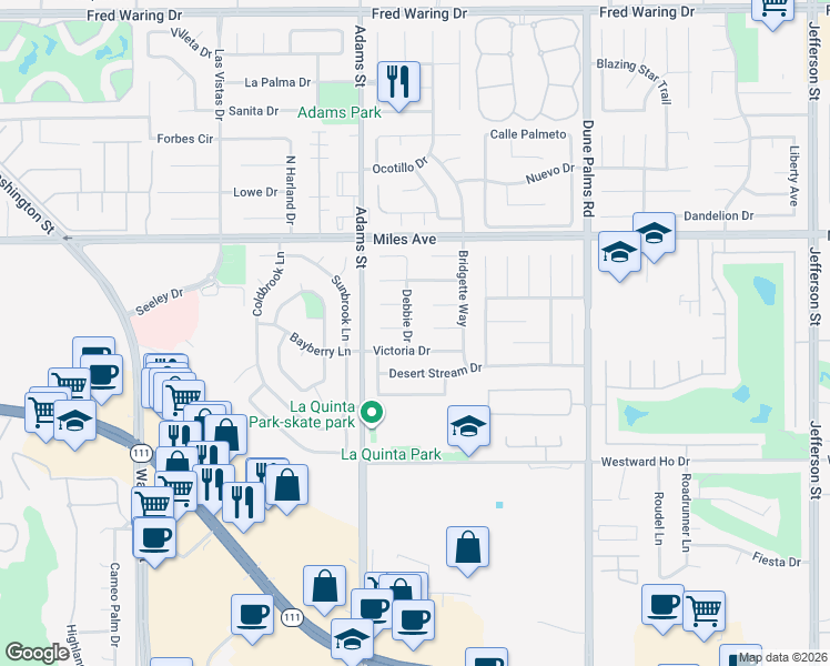 map of restaurants, bars, coffee shops, grocery stores, and more near 45260 Debbie Drive in La Quinta