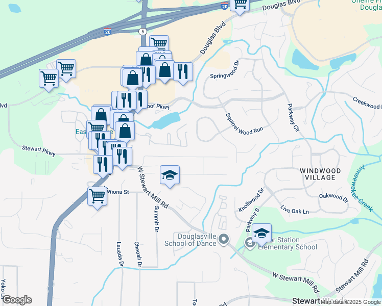 map of restaurants, bars, coffee shops, grocery stores, and more near 5596 Woodland Drive in Douglasville