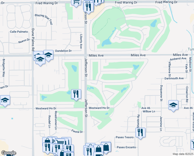 map of restaurants, bars, coffee shops, grocery stores, and more near 45439 Shaugnessy Drive in Indio
