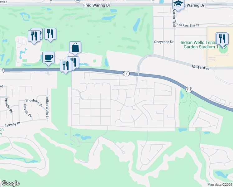 map of restaurants, bars, coffee shops, grocery stores, and more near 45415 Delgado Drive in Indian Wells