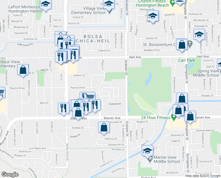 map of restaurants, bars, coffee shops, grocery stores, and more near 5386 Rosecrest Drive in Huntington Beach