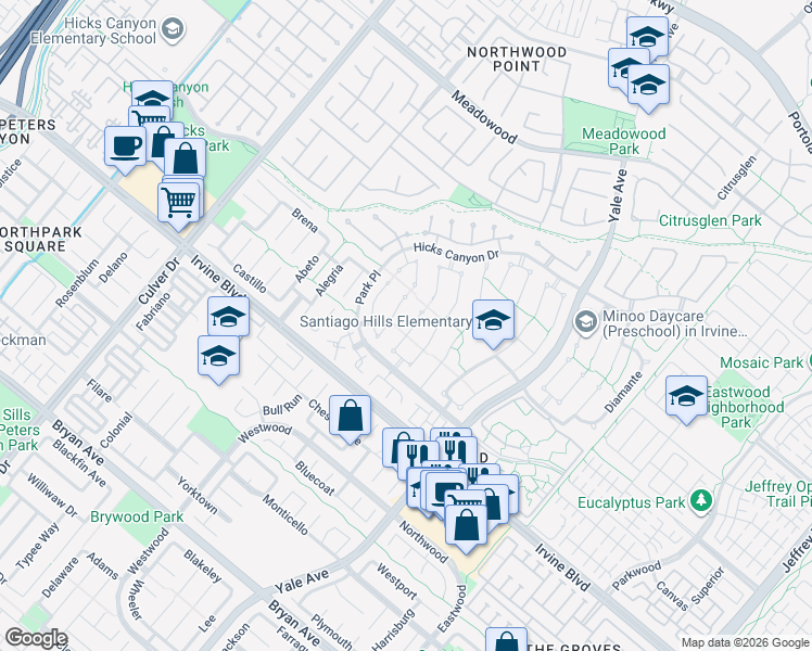 map of restaurants, bars, coffee shops, grocery stores, and more near 19 Ensueno West in Irvine