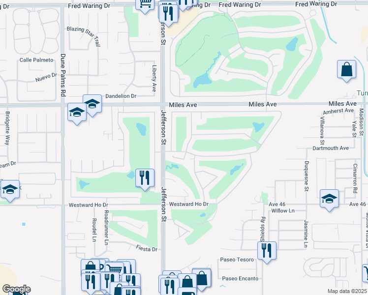 map of restaurants, bars, coffee shops, grocery stores, and more near 80126 Pebble Beach Drive in Indio
