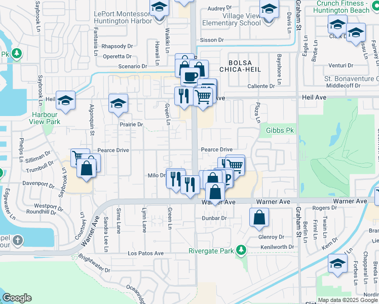 map of restaurants, bars, coffee shops, grocery stores, and more near 4986 Pearce Drive in Huntington Beach