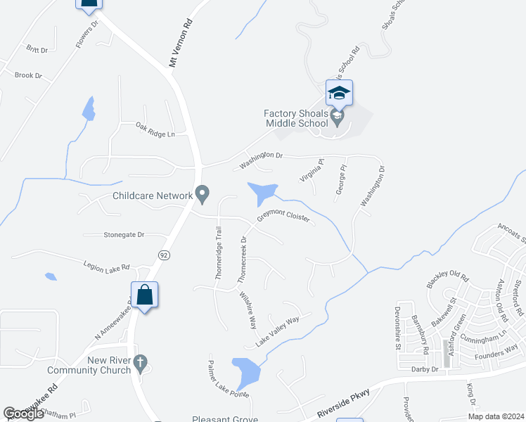 map of restaurants, bars, coffee shops, grocery stores, and more near 3183 Greymont Cloister in Douglasville