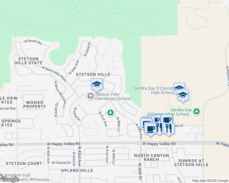 map of restaurants, bars, coffee shops, grocery stores, and more near 25614 North Hackberry Drive in Phoenix