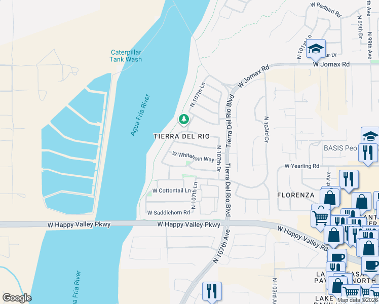 map of restaurants, bars, coffee shops, grocery stores, and more near 10773 West Whitehorn Way in Peoria