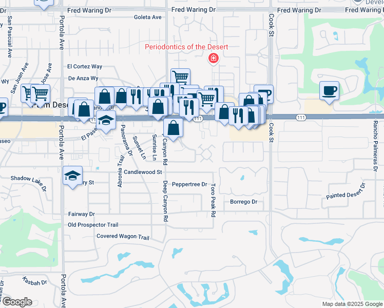 map of restaurants, bars, coffee shops, grocery stores, and more near 45420 Driftwood Drive in Palm Desert