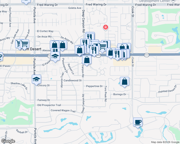 map of restaurants, bars, coffee shops, grocery stores, and more near 74582 Driftwood Drive in Palm Desert