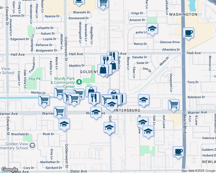 map of restaurants, bars, coffee shops, grocery stores, and more near 16790 Bardon Lane in Huntington Beach