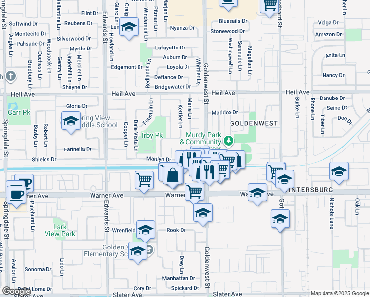 map of restaurants, bars, coffee shops, grocery stores, and more near 16781 Marie Lane in Huntington Beach