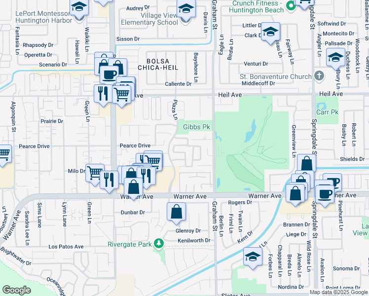 map of restaurants, bars, coffee shops, grocery stores, and more near 16812 Barclay Lane in Huntington Beach