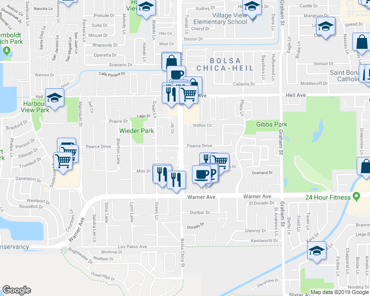 map of restaurants, bars, coffee shops, grocery stores, and more near 16761 Moody Circle in Huntington Beach