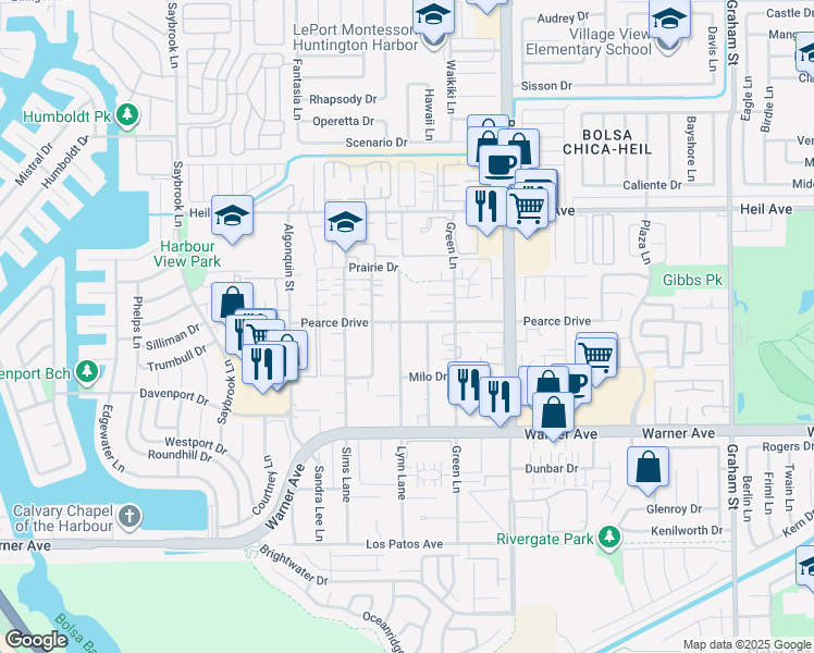 map of restaurants, bars, coffee shops, grocery stores, and more near 16762 Lynn Lane in Huntington Beach