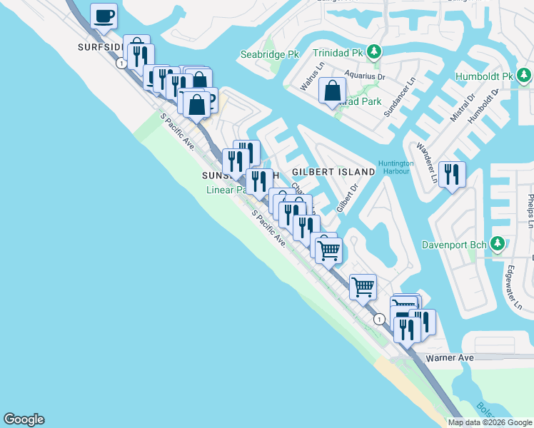 map of restaurants, bars, coffee shops, grocery stores, and more near 16751 Pacific Coast Highway in Huntington Beach