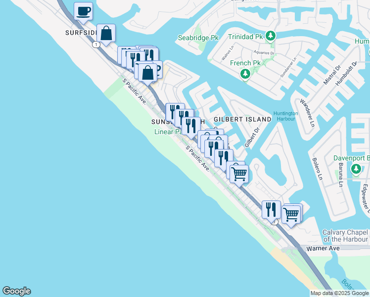 map of restaurants, bars, coffee shops, grocery stores, and more near 16751 Pacific Coast Highway in Huntington Beach
