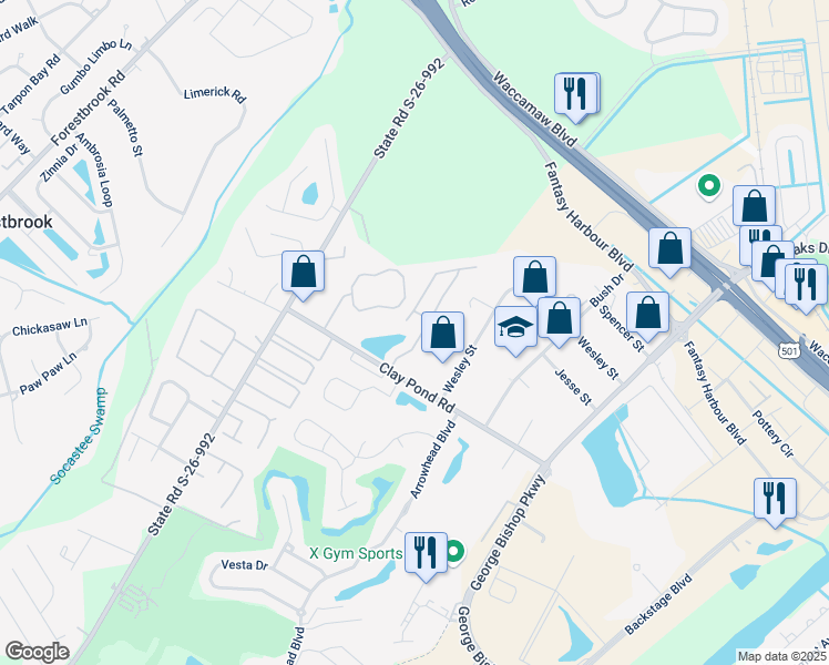 map of restaurants, bars, coffee shops, grocery stores, and more near 3685 Clay Pond Village Lane in Myrtle Beach