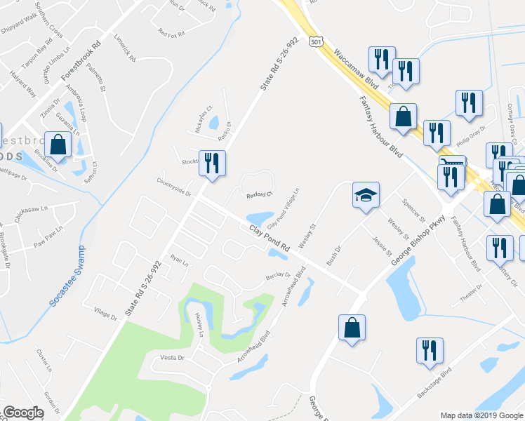 map of restaurants, bars, coffee shops, grocery stores, and more near 110 Fountain Pointe Lane in Myrtle Beach