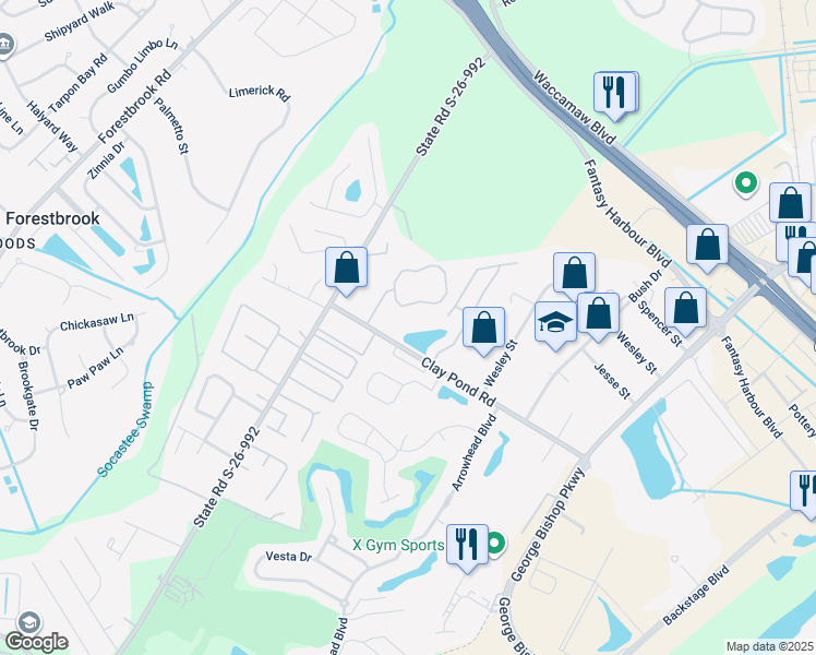 map of restaurants, bars, coffee shops, grocery stores, and more near 110 Fountain Pointe Lane in Myrtle Beach